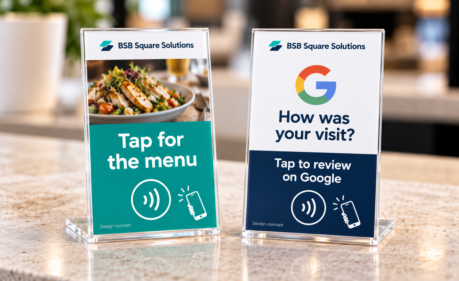 Realistic design concepts for a tap-to-menu stand and a Google review request stand. No functional QR codes are shown.